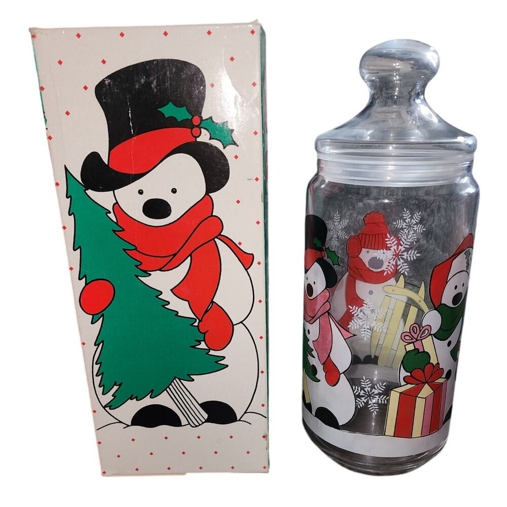 Vintage Luminarc Polar Bears Snowman Christmas Glass Jar Cookie Canister